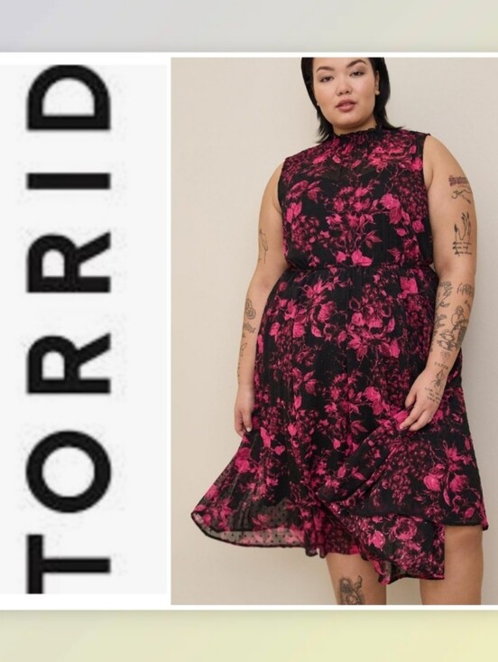 torrid Dresses & Skirts - Torrid Clip Dot Mock Neck Floral Fuschia & Black Midi Dress Women's Plus 2X
